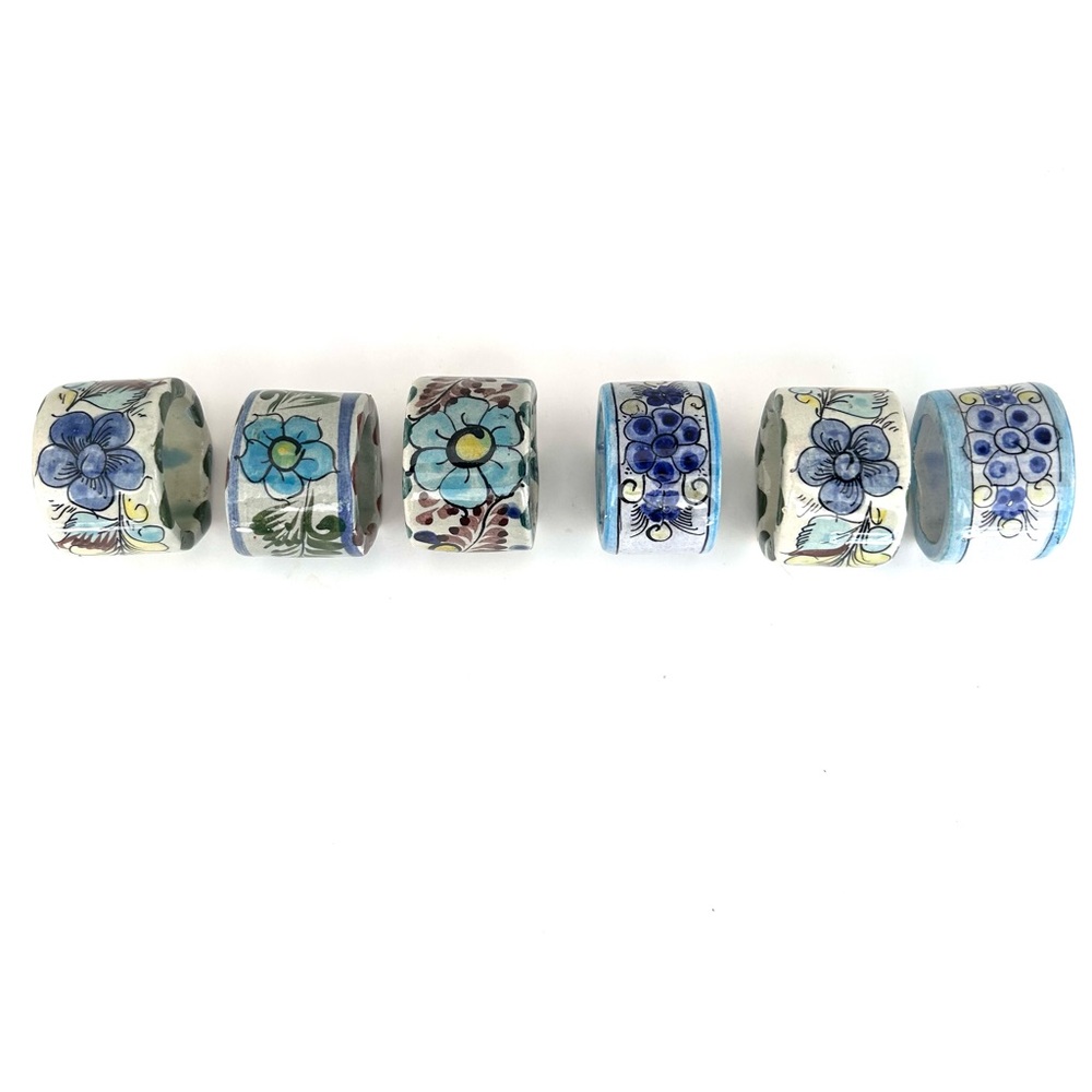 Mexican Pottery Napkin Rings Set of 6 Signed Floral